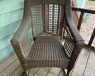 C92 - $140. Pair of Hampton Bay Rockers. Have been used on a screened in porch. Measures 27.5" x 34" deep x 36" tall. 