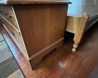 C39 - $40. Well Loved Lane Cedar Chest. Measures 44" wide x 19" tall x 17" deep. Outside has some veneer missing and significant use on the frame. Still very sturdy and useable!