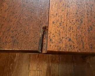 C48 - $75. Adorable Drop Leaf Table. The perfect size to use as an entry table or sofa table when not in use - or the right size for a 4 person dining table! Solid wood in very good condition with one exception - photographed. Measures 36" wide x 16" deep x 30" tall. Each Leaf adds 17.5". 