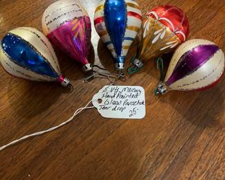 C107 - $25. 5 Vintage Hand Painted Mercury Glass Parachute/ Tear Drop Ornaments.