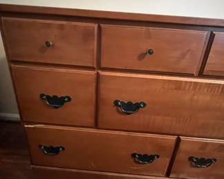 C29 - $60. Solid Wood Dresser with 6 drawers and mirror. (2 top - 2 middle - 2 bottom) All drawers slide. One drawer has a significant chip in the corner. Measures 48" x 30.25" tall x 17.5" deep. Mirror is NOT attached and can be hung either direction. 42" x 30". 