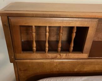 C37 - $75. Full Size Wooden Bed Frame with like new/clean mattress & boxspring. Measures 59" wide x 37" tall x 85" long. 