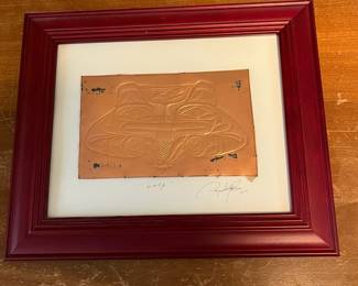 C36 - $30. Copper "Wolf". Measures 13" x 11" framed. Matting is signed. 