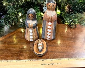 C113 - $20. Mexician Folk Art Hand Painted Nativity. Mary, Joseph and baby Jesus.