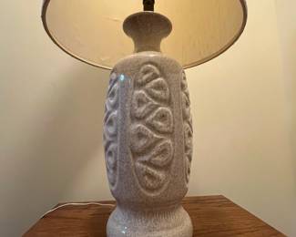 C20 - $40. 1960s Table Lamp Speckled Oatmeal Lamp. Measures 13" wide x 30.5" tall. Lamp shade is 12" diameter and in good vintage condition. 