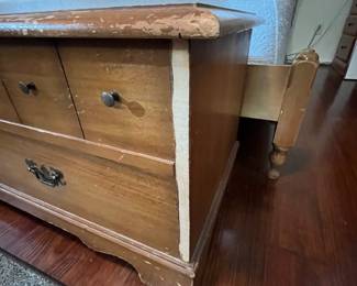 C39 - $40. Well Loved Lane Cedar Chest. Measures 44" wide x 19" tall x 17" deep. Outside has some veneer missing and significant use on the frame. Still very sturdy and useable!