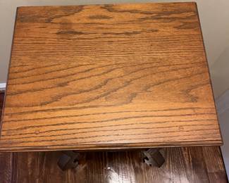 C19 - $50. Solid Oak Side Table. Measures 19" x 15" x 25.25" tall. 