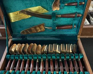 C2 - $20. Johny's Gems Teak & Brass Mid Century Flatware Set. 
