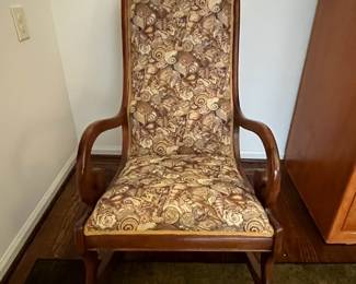 C41 - $50. Upholstered Wooden Rocker. Measures 22" wide x 39" tall. Rocks very nice - feels like the seat has springs that need some more covering. 