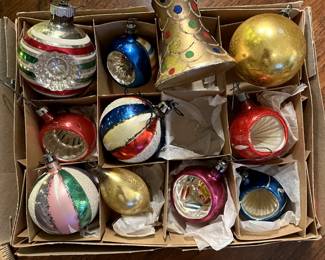 C109 - $55. Mix Of 11 Vintage European Hand Blown Mercury Glass Ornaments. One is broken on the inner part of the indent shown in the last picture.