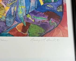 C89 - $25. Nancy L. Smith signed print. Needs new frame (or a handy person) #2/25. "Hatched Chicken"