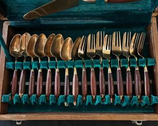 C2 - $20. Johny's Gems Teak & Brass Mid Century Flatware Set. 