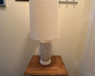 C20 - $40. 1960s Table Lamp Speckled Oatmeal Lamp. Measures 13" wide x 30.5" tall. Lamp shade is 12" diameter and in good vintage condition. 