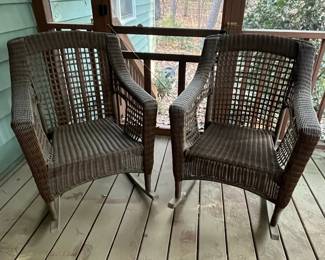 C92 - $140. Pair of Hampton Bay Rockers. Have been used on a screened in porch. Measures 27.5" x 34" deep x 36" tall. 