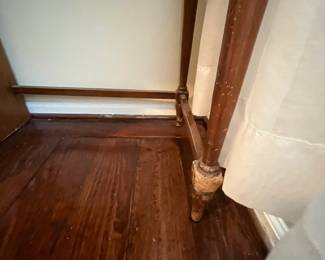 C34 - $25. Wooden Office Desk. 4 Drawers. Measures 40" wide x 17" deep x 30.5" tall. Sturdy. Heavy wear/chewing? on right front leg. 