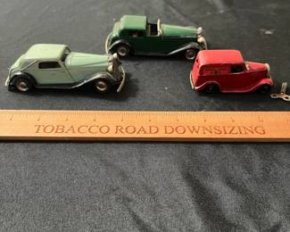 C71 - $40. Triang Minic Tin Wind Up Cars. Lot of 3 Automobiles and 1 Key. 