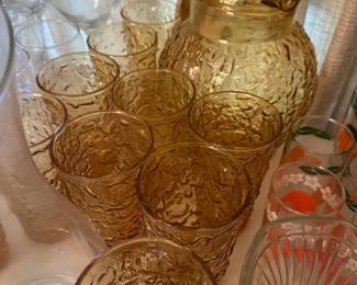 Anchor Hocking Lido Milano honey gold amber ball pitcher with matching tumblers. 
