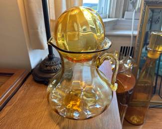Blenko Vintage amber glass pitcher with a sphere-shaped stopper.  Mid-Century Modern 