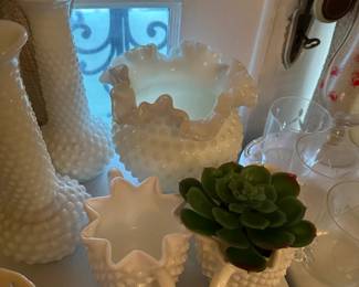 Fenton white milk glass hobnail ruffled vase and matching pieces