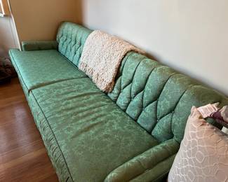 1950s MCM Vintage Green Damask Sofa – Pristine, Always Covered