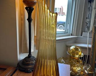 MCM LE Smith Simplicity Amber Ribbed Column Fat Wide Bottom Swung Vase