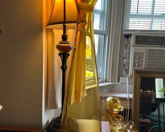 Mid-century Blenko art glass floor decanter vessel in amber glass