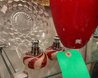Peppermint swirl hand blown glass salt and pepper shakers $32 + tax