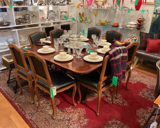 Traditional mahogany extension dining table with pedestal base (W/O LEAF: height=28” width=53” length=59”  W/ LEAF: length=81.5”) $360 + tax