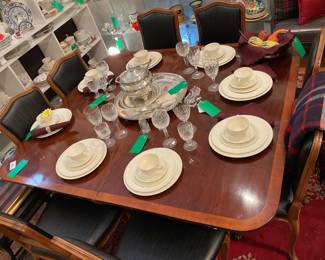 Traditional mahogany extension dining table with pedestal base (W/O LEAF: height=28” width=53” length=59”  W/ LEAF: length=81.5”) $360 + tax