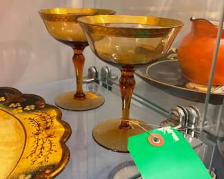 Gold rimmed amber glass coupes (2) $40 + tax
