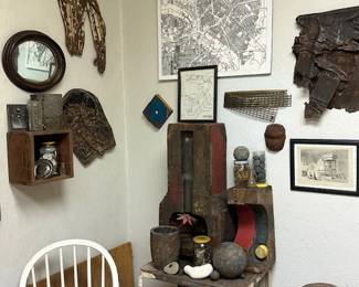 foundry forms, found object art, orbs, etchings, map of dallas, pair of chairs