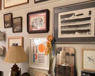 framed original art, deco mirror, small antique dresser, art prints, drawings