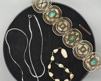 VTG Filigree Silver Like Pin Close Bracelet, Shell Bracelet, Shiny Silver Colored Necklace 