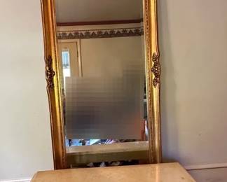 Wood Gold Finished Tall Mirror And Gold Finished Bench With Marble Top