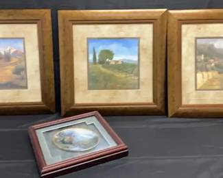 3 Wooden Framed Tuscan Landscapes And Thomas Kinkade Plate