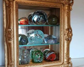 Set of 9 Glass Egg Ball Paperweights with Curio Display Cabinet