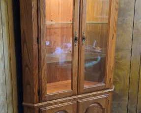 Solid Wood Lighted Corner Cabinet  Glass Doors  Adjustable Shelves