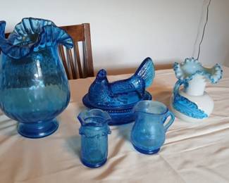 Various Blue Glass Collection  Assorted Vases Pitchers  Decorative Pieces