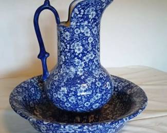 Vintage Blue and White Pitcher Bowl Set  Floral Pattern Ceramic