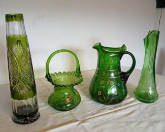 Green Glass Collection  Mix of Vintage Vases Pitchers  Decorative Pieces