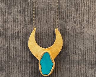 Modern Brass Crescent Necklace with Turquoise Stone