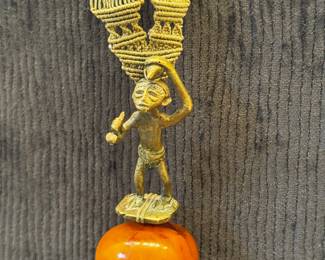 West African Lost Wax Brass Amulet Pendent & Amber Beads