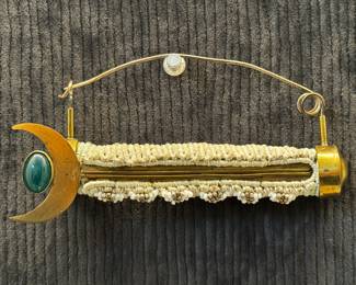 Artisan Tribal - Style Crescent Brass Crescent Brooch with Green Cabochon and Hand Woven Fiber Wrap