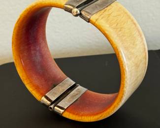 Vintage Natural Horn & Sterling Silver Hinged Cuff Bracelet