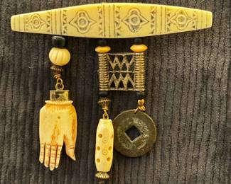 Artisan Tribal Mixed Media Bone Brooch