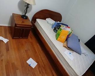 mid century solid walnut platform bed, headboard, bedside cabinets, double size