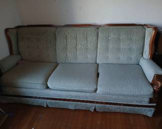 clean enuf sage green cudoroy tufted back sofa, chair and settee, oak frame and trim