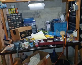 basement tool bench, lots of smalls, hardware, 