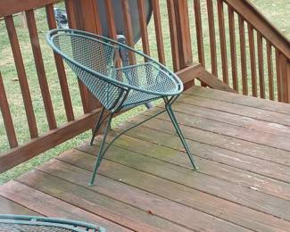 Metal mesh dish shaped vintage lawn chairs, table, 4 other chairs with table