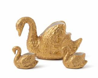 Set of 3, 22K Hand Painted Weeping Gold Swan Ceramic Planters